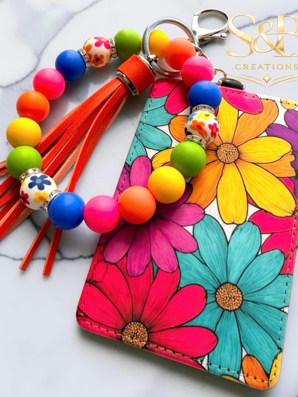 Multicolor Beaded Wristlet Keychain with Orange Tassel
